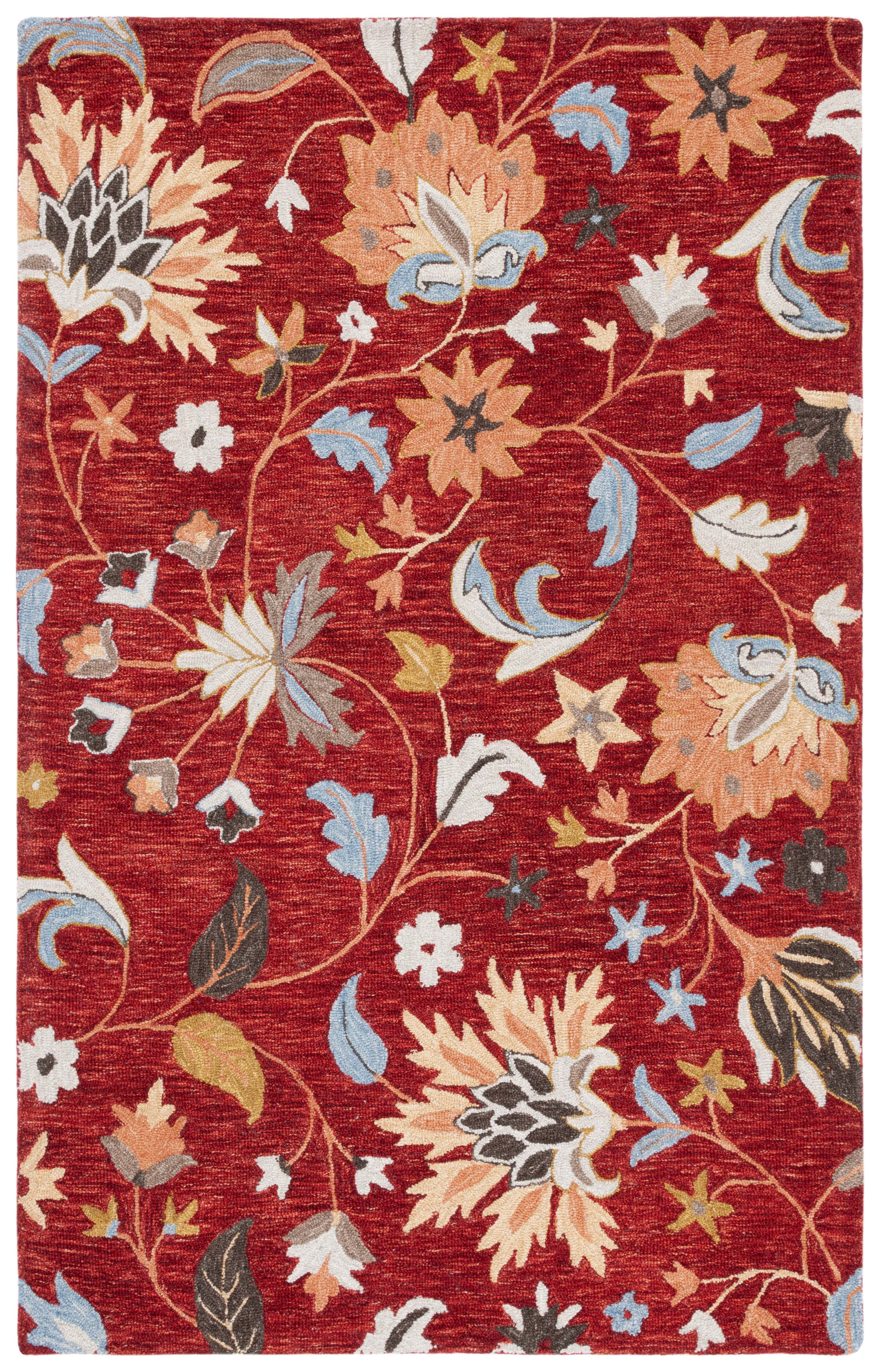 Handmade Red and Orange Floral Wool Area Rug, 5' x 8'