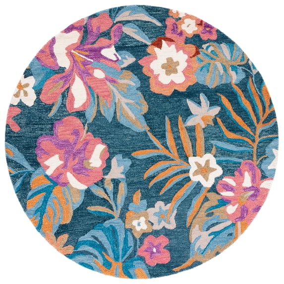 SAFAVIEH Jardin Korbin Floral Wool Area Rug, Blue/Pink, 6' x 6' Round