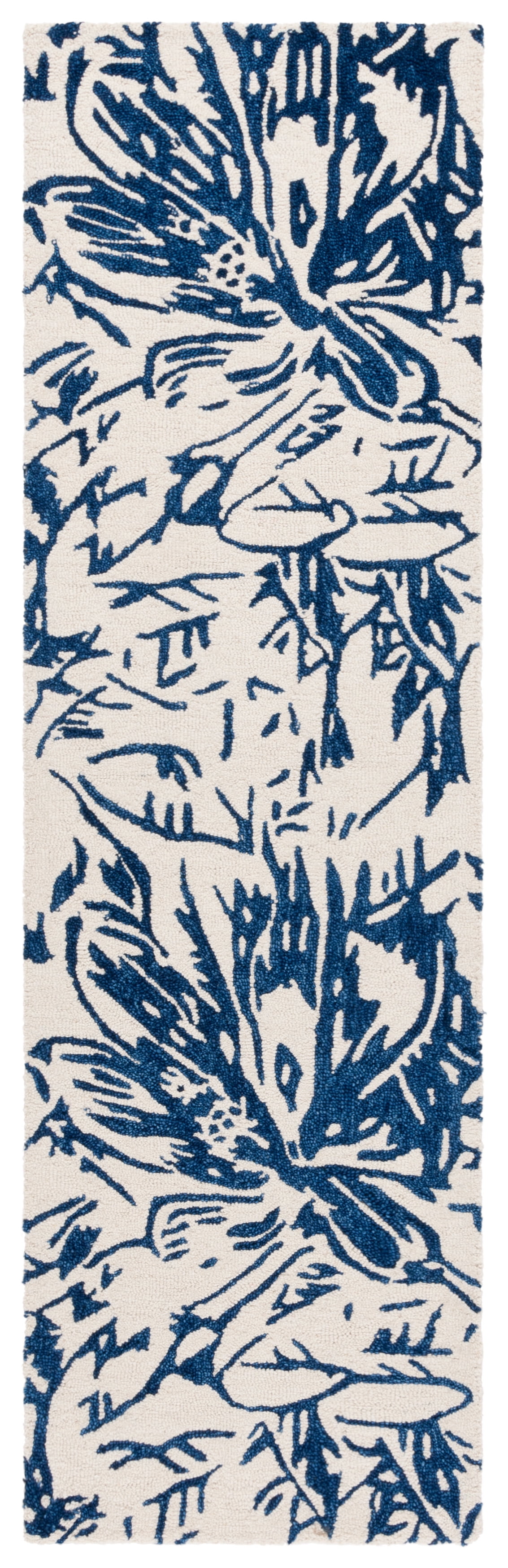 Handmade Ivory and Blue Floral Wool Runner Rug