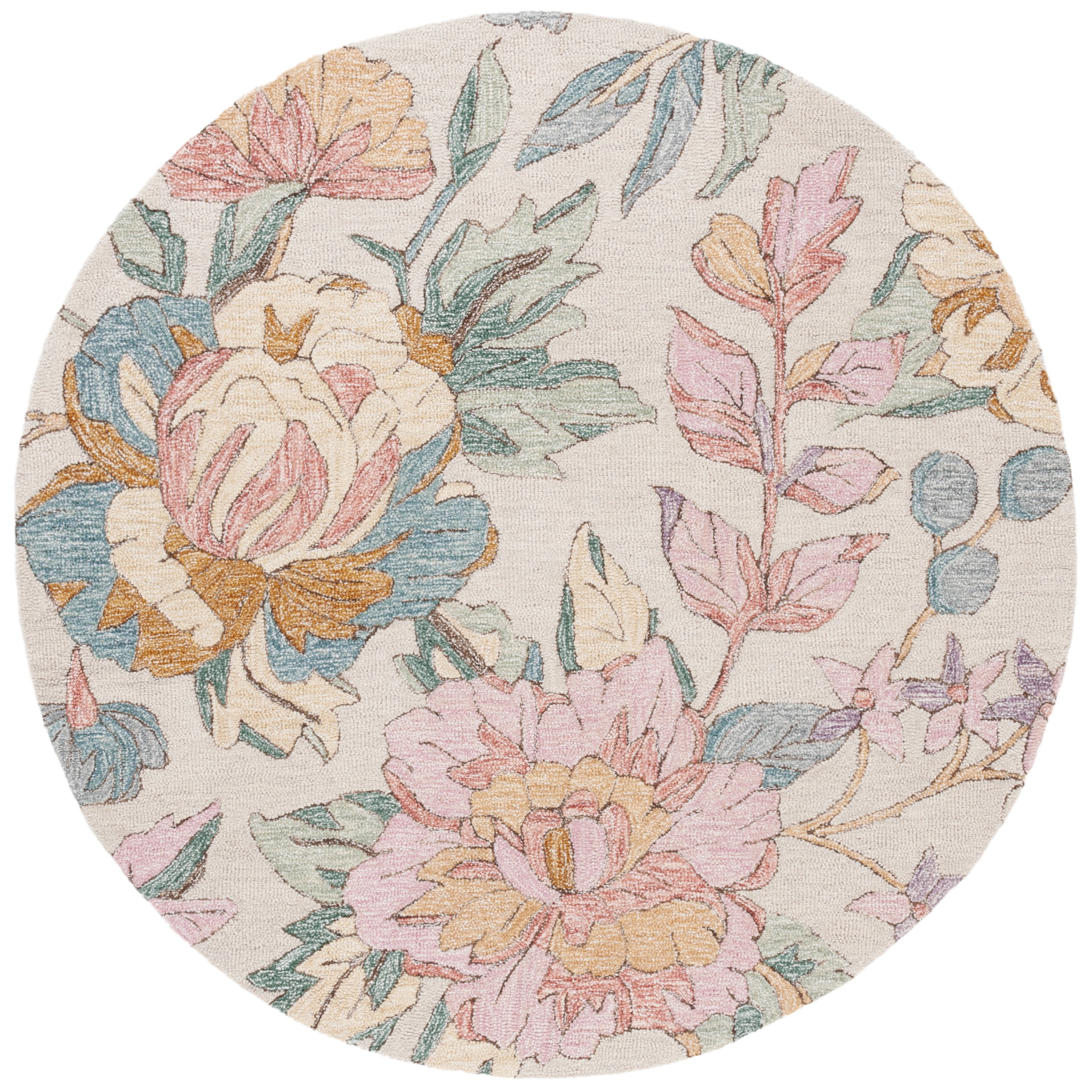 Ivory Floral Handmade Wool Round Rug, 6' Diameter