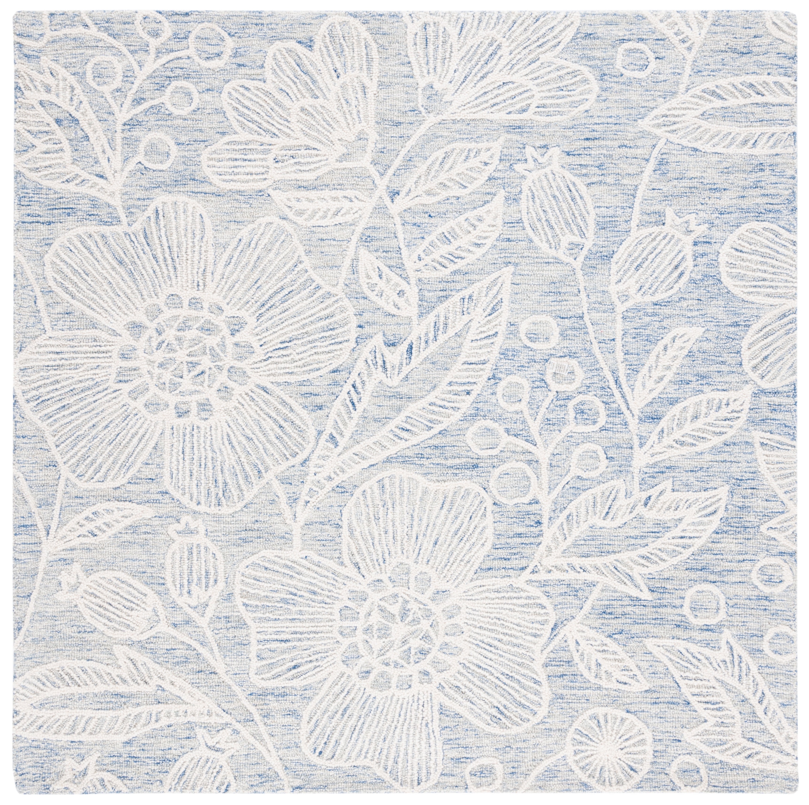 Handmade Blue and Ivory Floral Wool Square Rug 6' x 6'