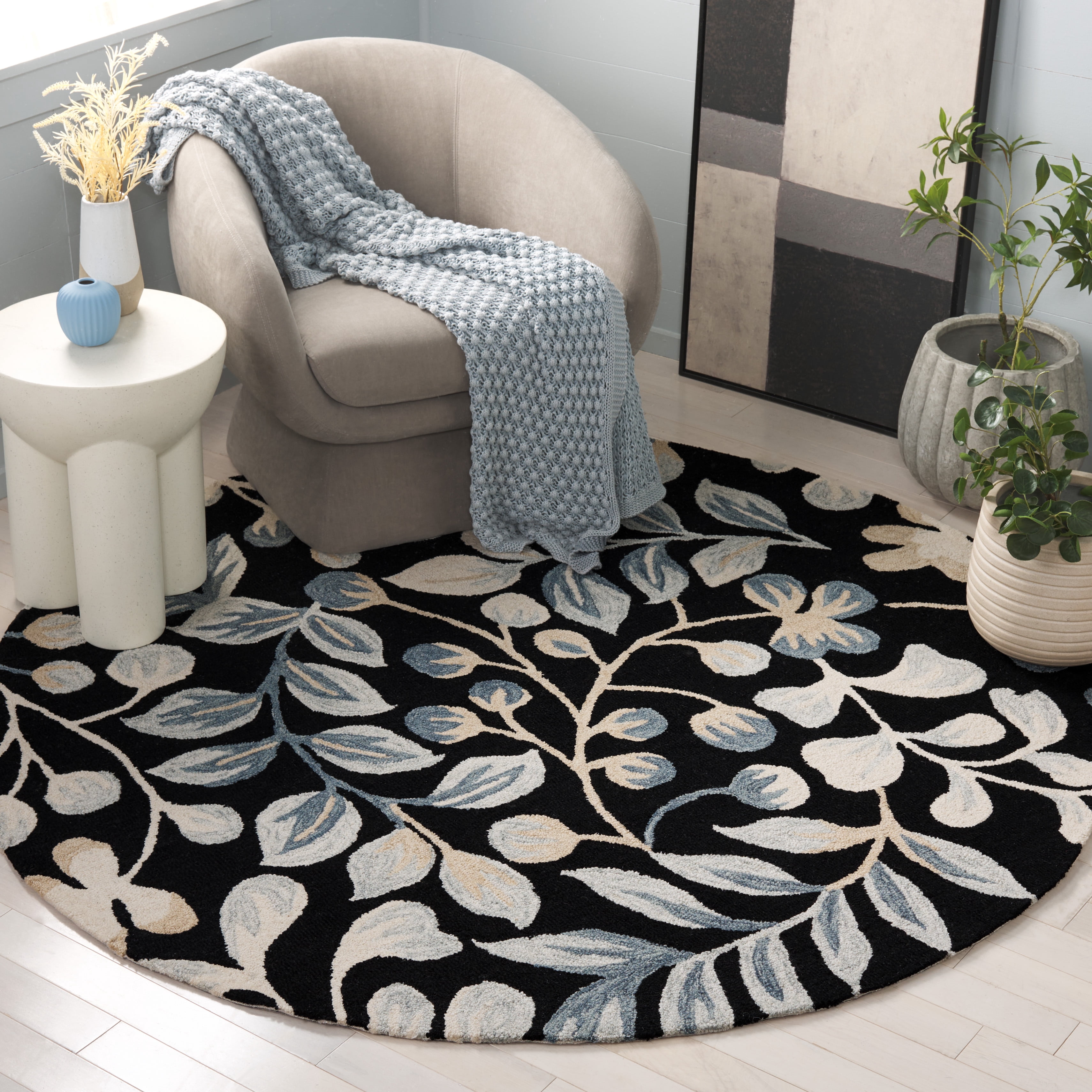 Safavieh Jardin Quinton Leaves Area Rug, Black/Ivory, 6' x 6' Round