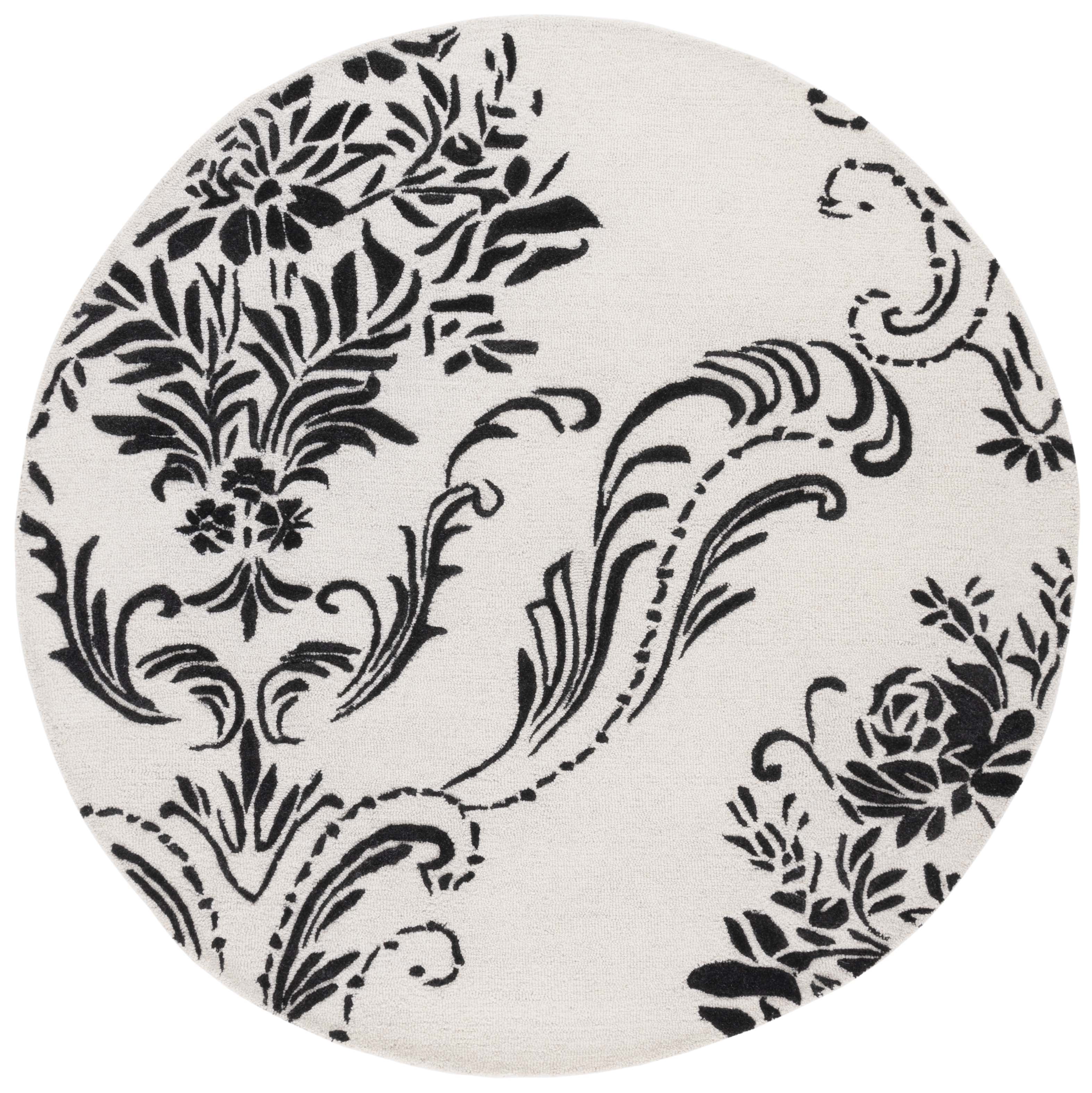 Ivory and Black Floral Hand-Tufted Wool Round Rug