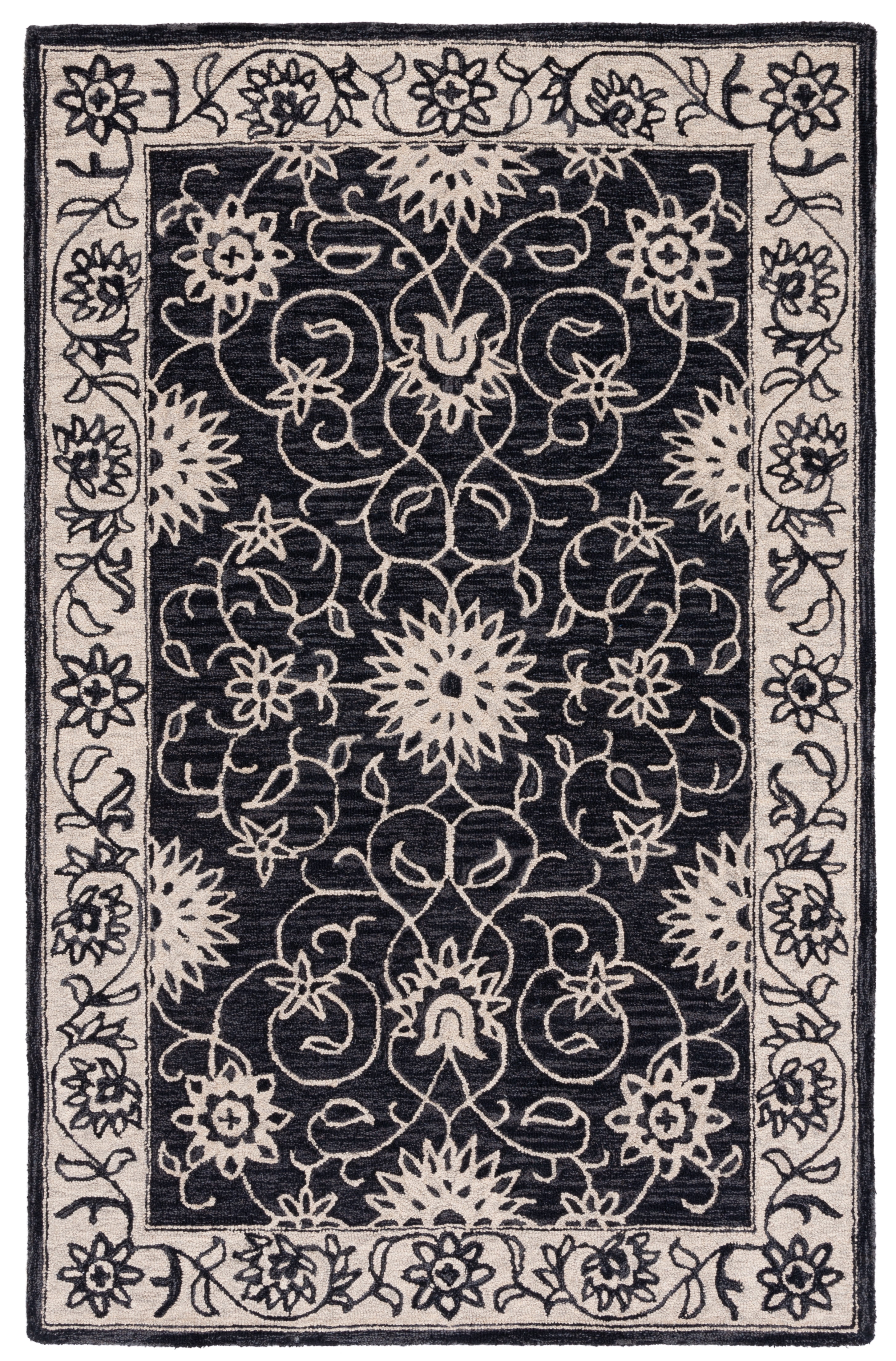 Black and Ivory Floral Wool 8' x 10' Handmade Tufted Rug