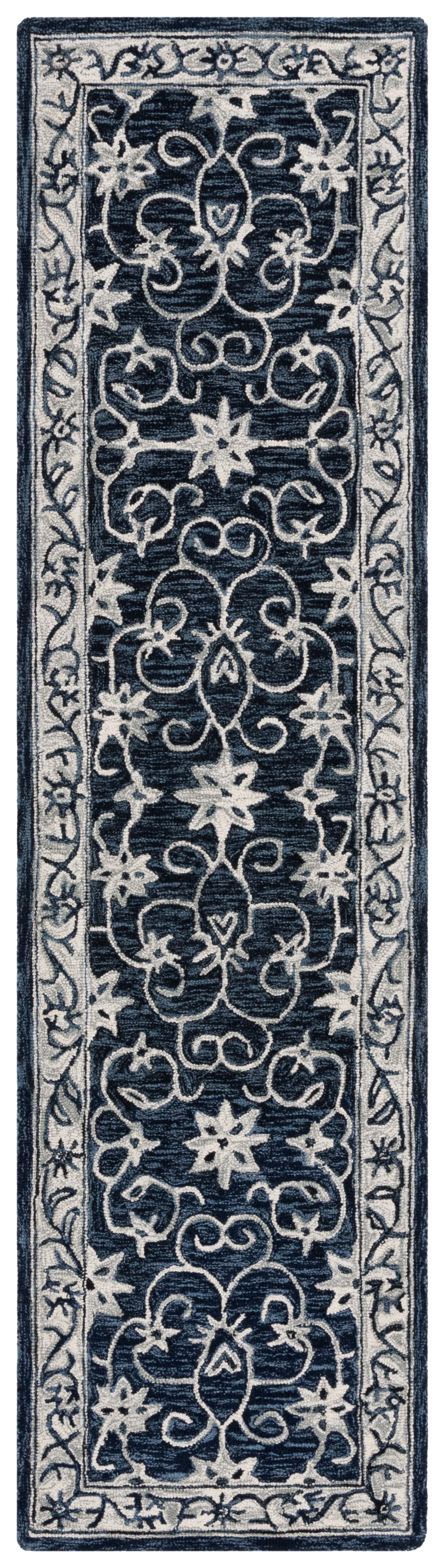 Navy and Ivory Floral Wool Hand-Tufted Runner Rug, 2'3" x 9'