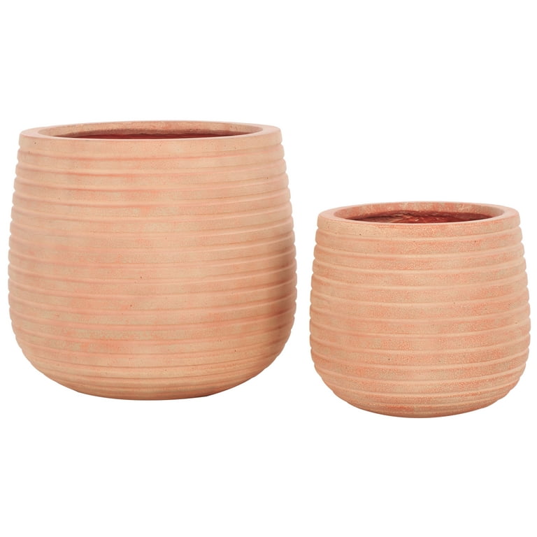 Cylinder Cement Planters on Wooden Stands, Set of 2, Terracotta Cylinder Cement Planters on Wooden Stands, Set of 2, Terracotta