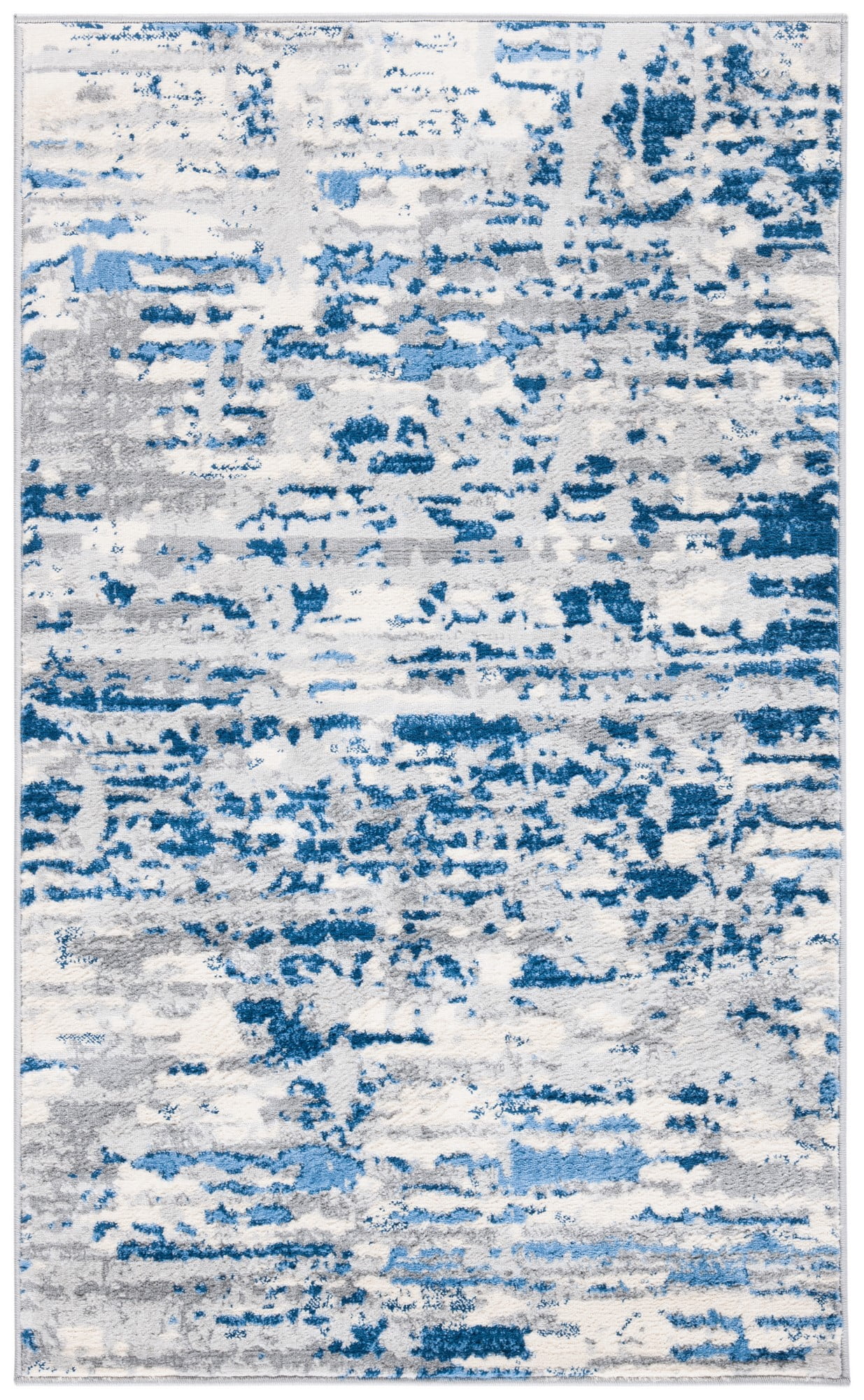 Ivory and Blue Abstract Hand-knotted Synthetic Rug, 2' x 4'