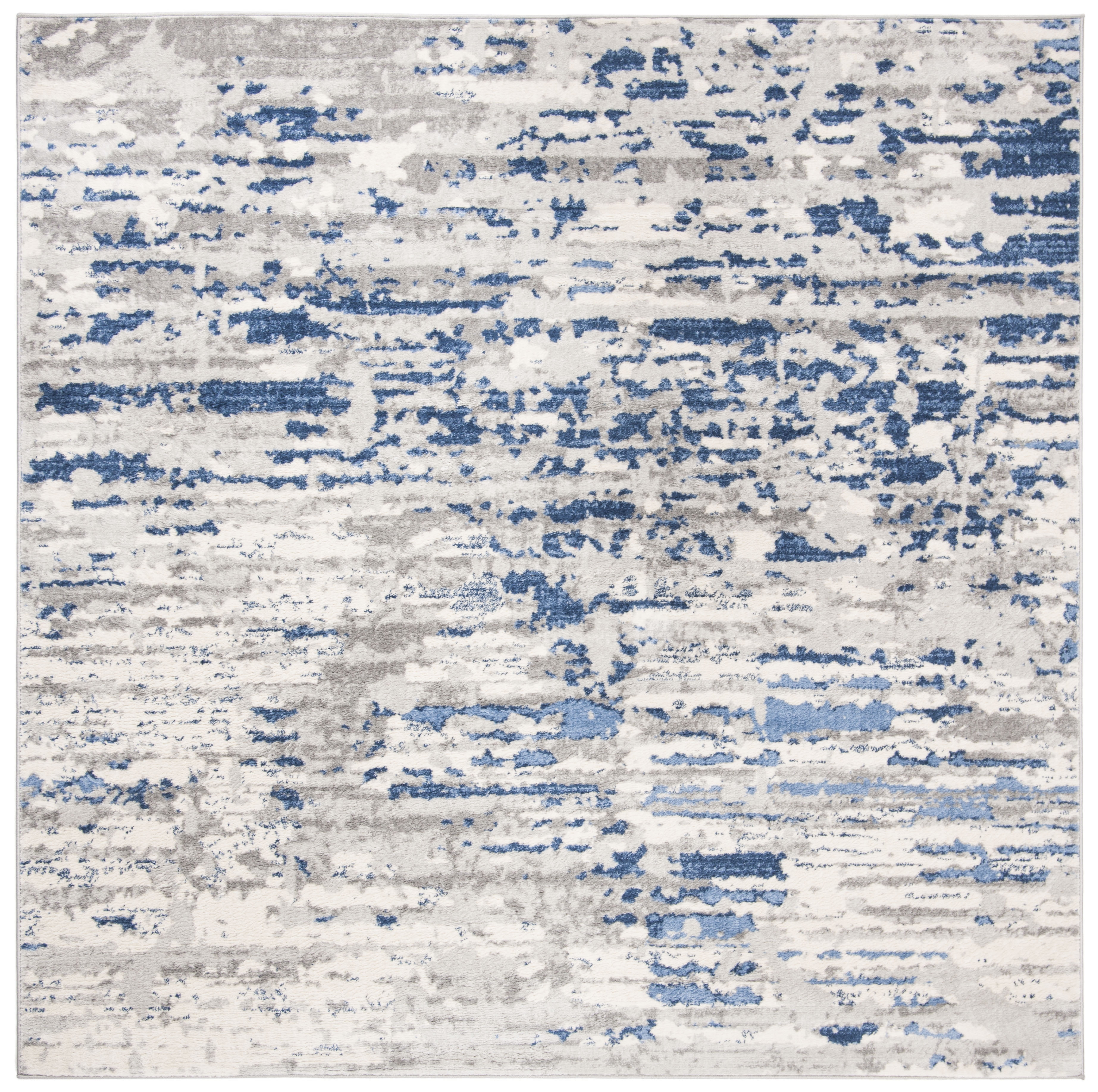Modern Abstract Ivory & Blue Square Hand-Knotted Rug - 3' x 3'
