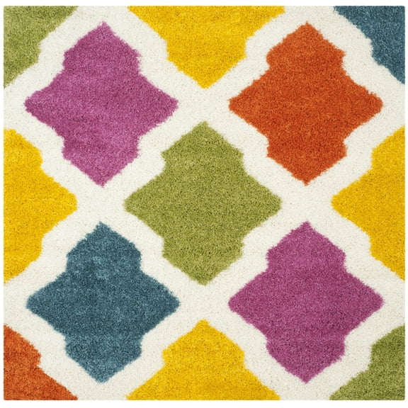 SAFAVIEH Jaycob Geometric Kids Shag Area Rug, Ivory/Multi, 6'7" x 6'7" Square