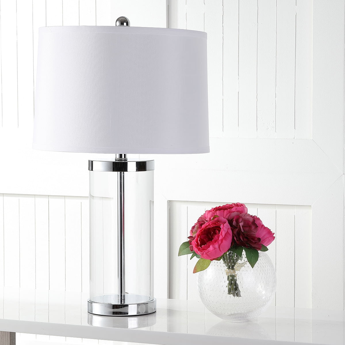Jeanie Traditional Clear Glass Table Lamp Set with White Linen Shade