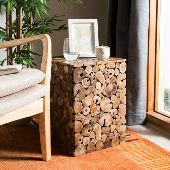 SAFAVIEH Jefferson Nautical Rustic Teak Oak Square Stool/Table, Medium Oak/Black