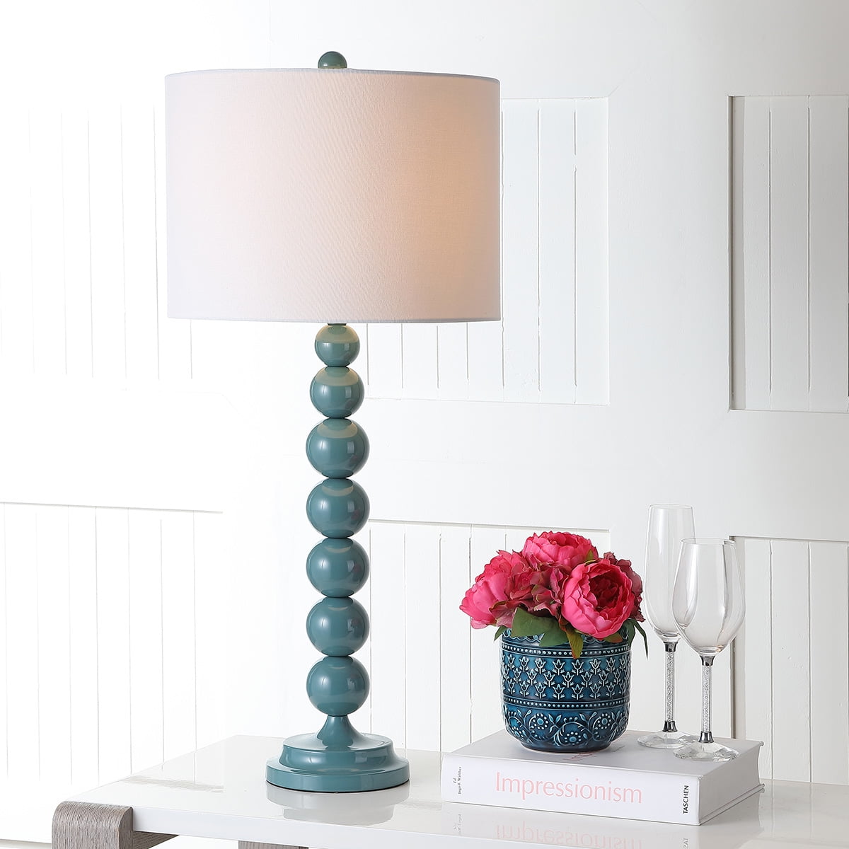 SAFAVIEH Jenna 32 in. Blue Iron Table Lamp with Off-White Cotton Shade, Set of 2