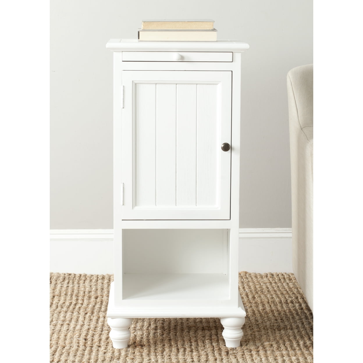 Transitional White Wood End Table with Storage and Pull-Out Tray