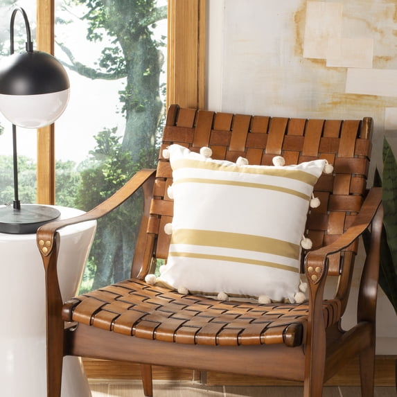 SAFAVIEH Jirina 16" x 16" Striped Pillow with Fringe, White/Gold