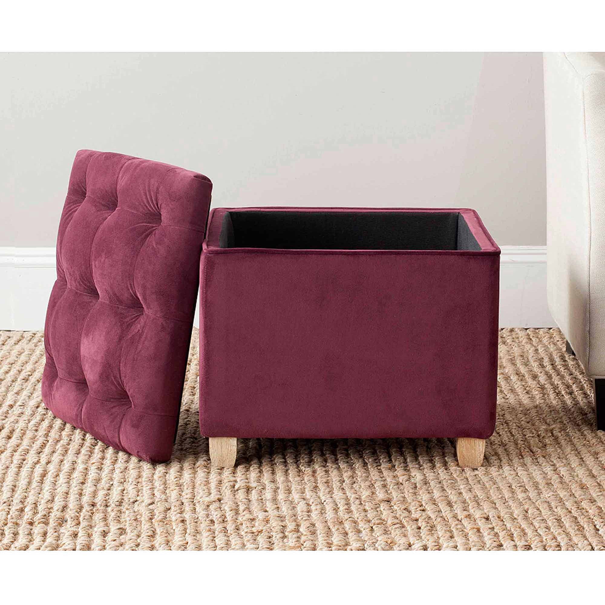 SAFAVIEH Joanie Rustic Tufted Cotton Ottoman with Storage, Bordeaux