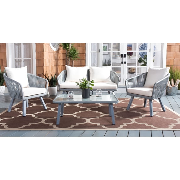 SAFAVIEH Jorda Outdoor Patio 4 Piece Conversation Set, Grey/Beige