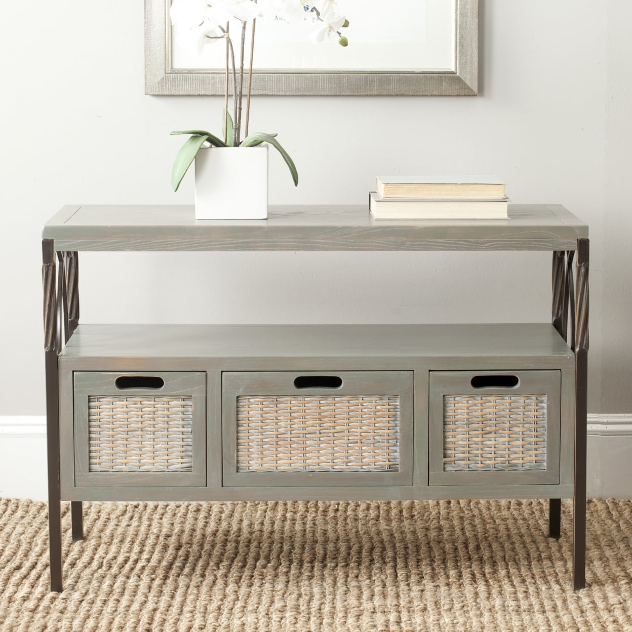 Transitional Gray 3-Drawer Console Table with Wicker Accents