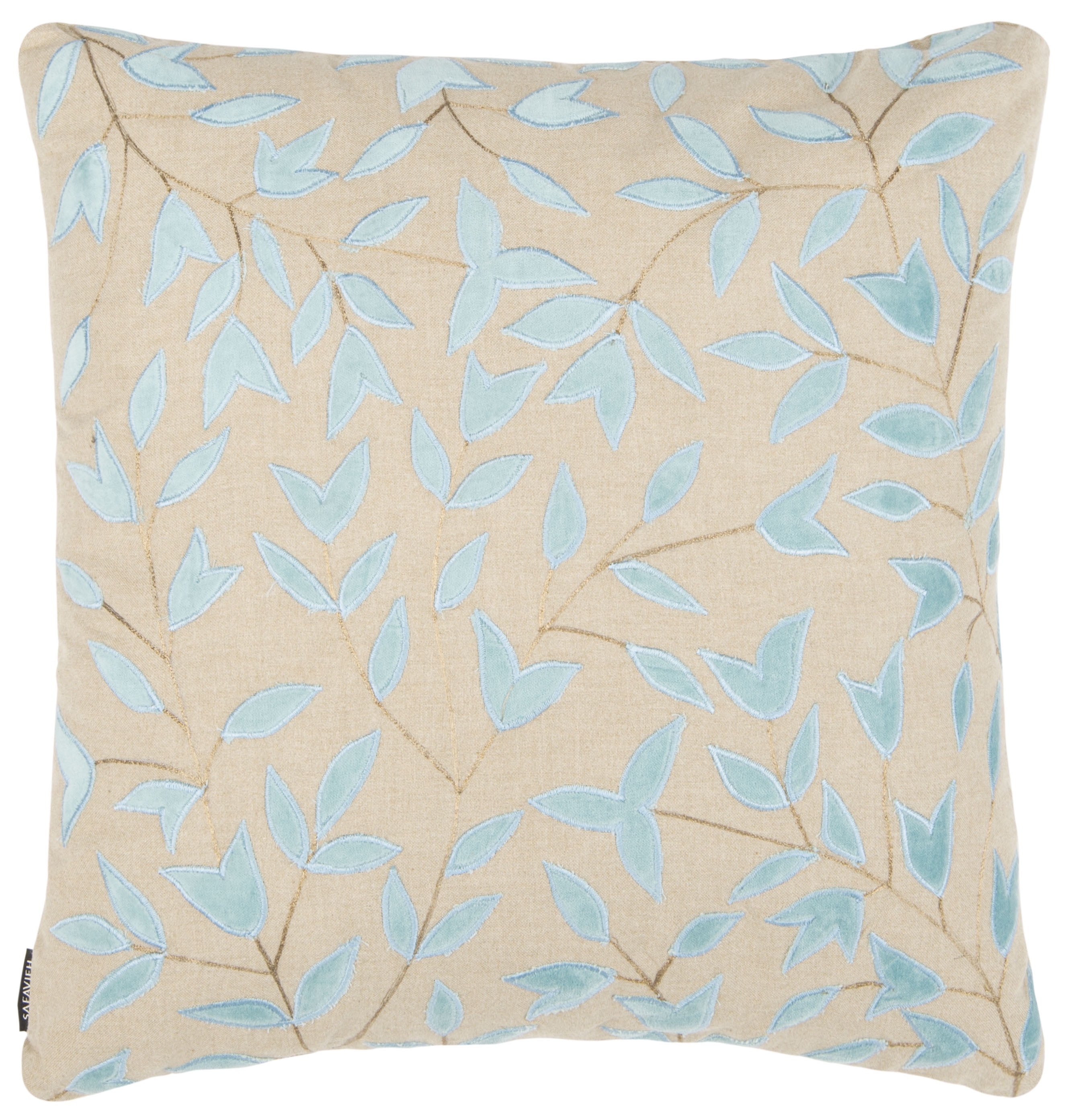 Beige and Blue Embroidered Cotton Floral Pillow, 20" x 20"