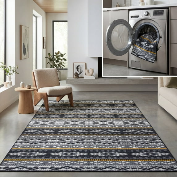 SAFAVIEH Journey Bojan Tribal Machine Washable Area Rug, Grey/Gold, 6'7" x 6'7" Square