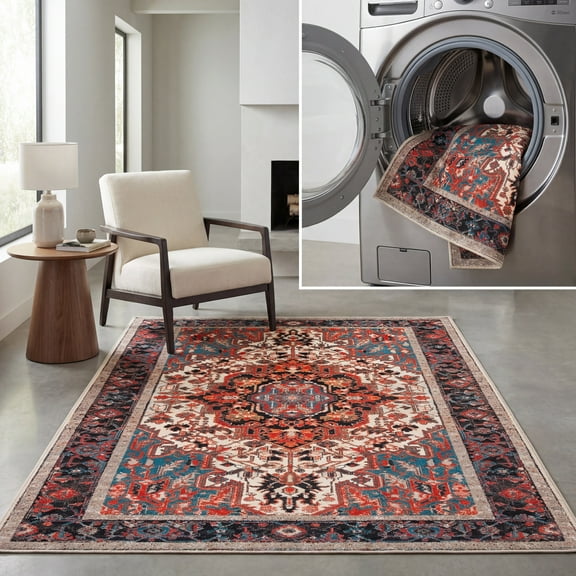 SAFAVIEH Journey Casey Oriental Machine Washable Area Rug, Ivory/Red, 7'9" x 10'
