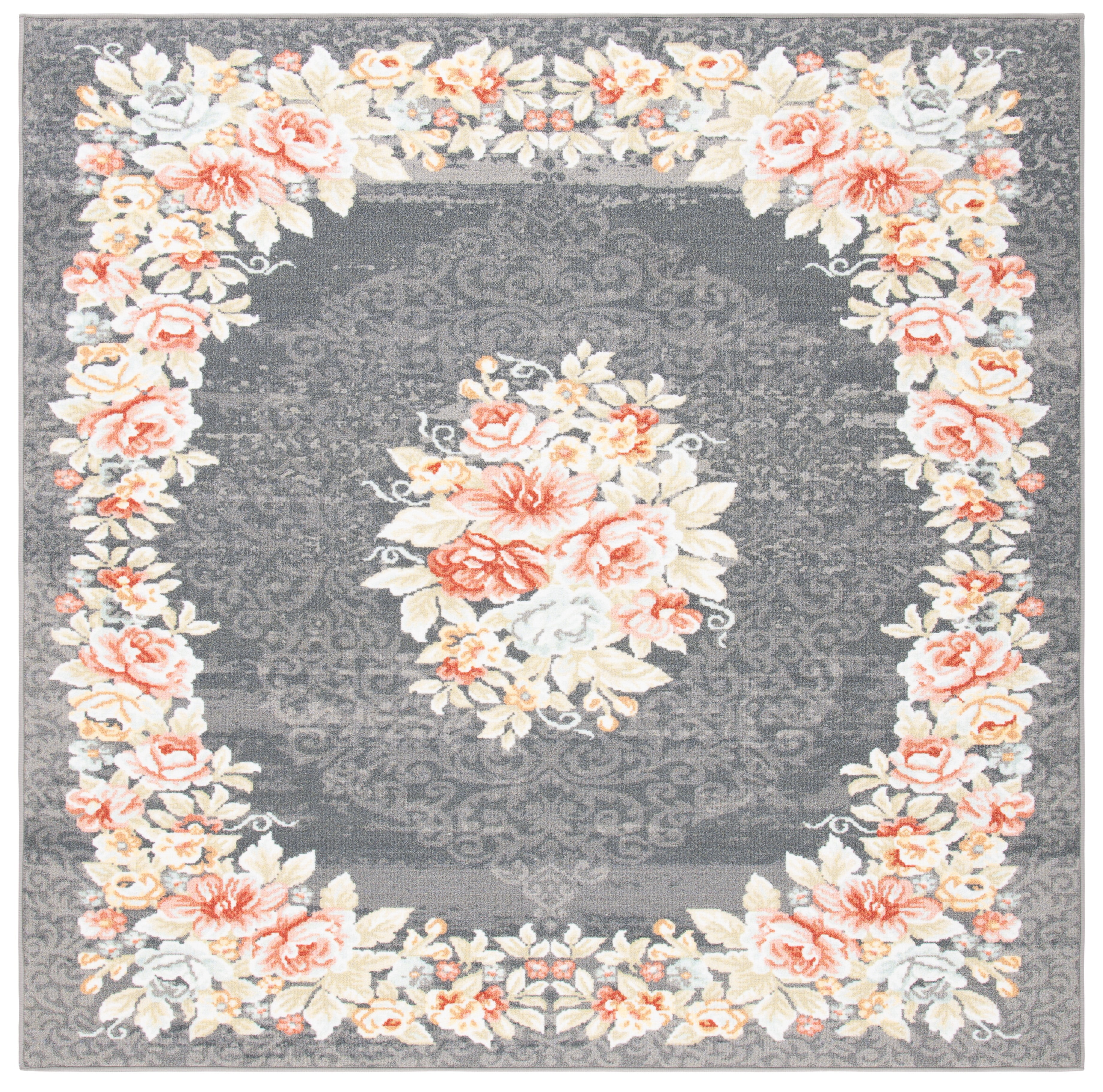 Gray and Pink Floral Pattern Square Wool Area Rug