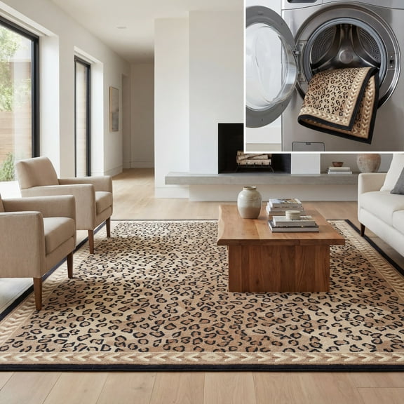 SAFAVIEH Journey Cleves Animal Machine Washable Area Rug, Beige/Black, 6'7" x 6'7" Square