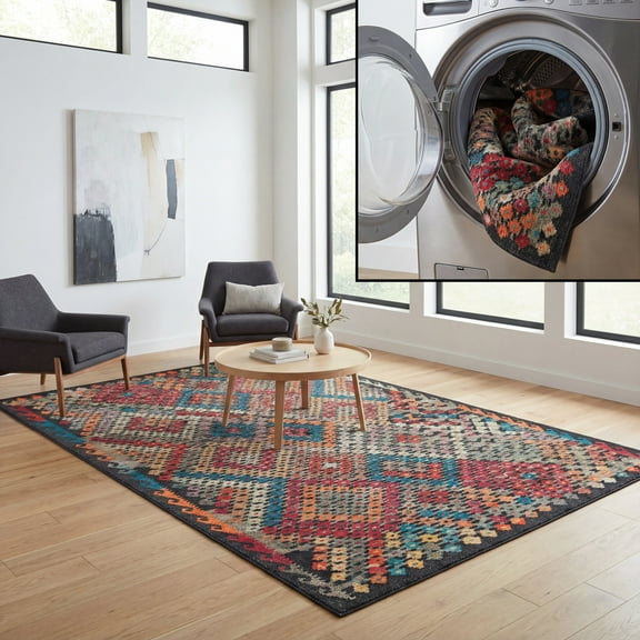 SAFAVIEH Journey Summer Tribal Machine Washable Area Rug, Charcoal/Red, 6'7" x 6'7" Square