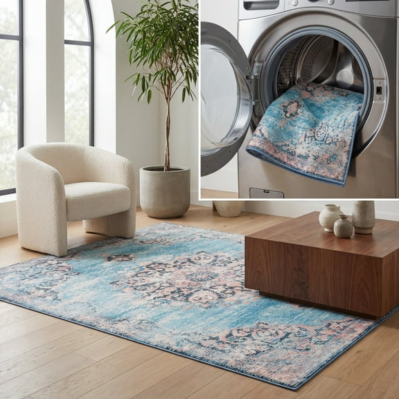 SAFAVIEH Journey Coriander Floral Distressed Area Rug, Turquoise/Pink, 4'4" x 6'
