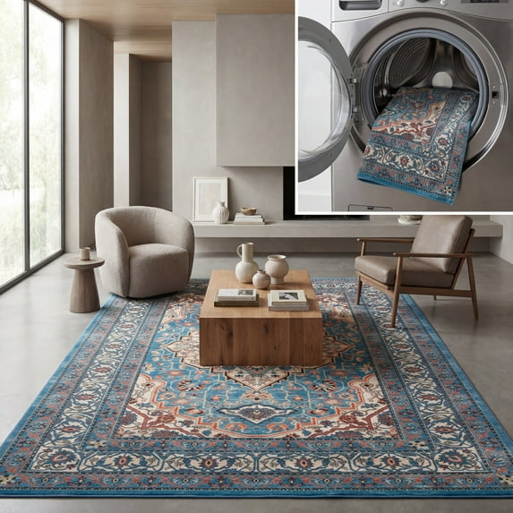 SAFAVIEH Journey Elfrida Medallion Machine Washable Area Rug, Blue/Ivory, 6'7" x 6'7" Square