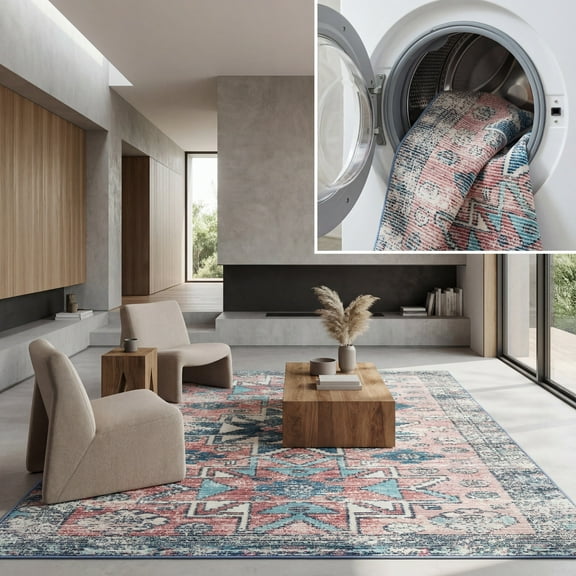 SAFAVIEH Journey Elizabeth Floral Machine Washable Area Rug, Pink/Blue, 5'5" x 7'7"