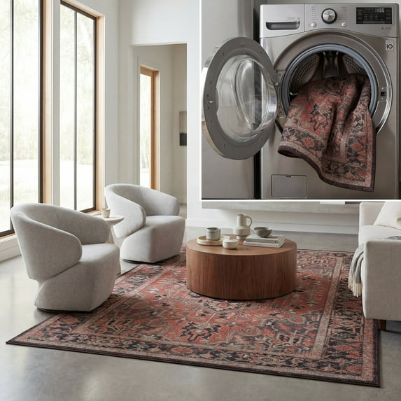 SAFAVIEH Journey Ethelinda Oriental Machine Washable Area Rug, Navy/Red, 6'7" x 6'7" Square