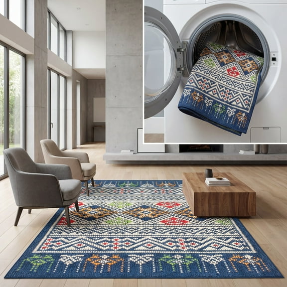 SAFAVIEH Journey Gabriel Tribal Machine Washable Area Rug, Blue/Ivory, 5'5" x 7'7"