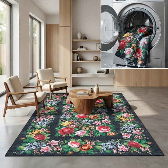 SAFAVIEH Journey Marvyn Floral Machine Washable Area Rug, Charcoal/Green, 5'5" x 7'7"