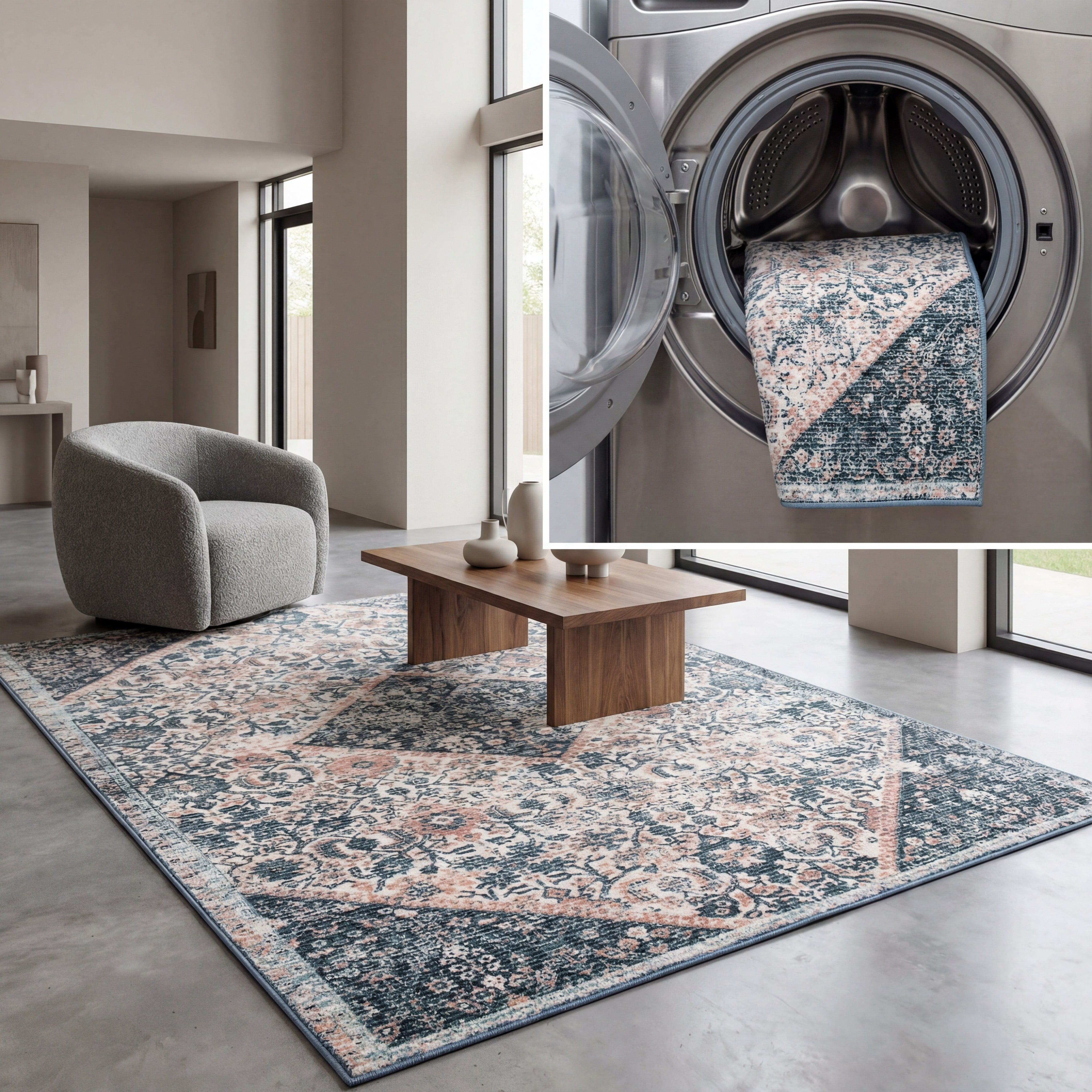 SAFAVIEH Journey Raschelle Oriental Machine Washable Area Rug, Ivory/Pink, 6'7" x 6'7" Square