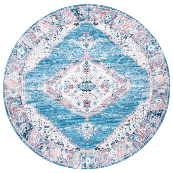 SAFAVIEH Journey Seachlann Oriental Machine Washable Area Rug, Ivory/Blue, 6'7" x 6'7" Round