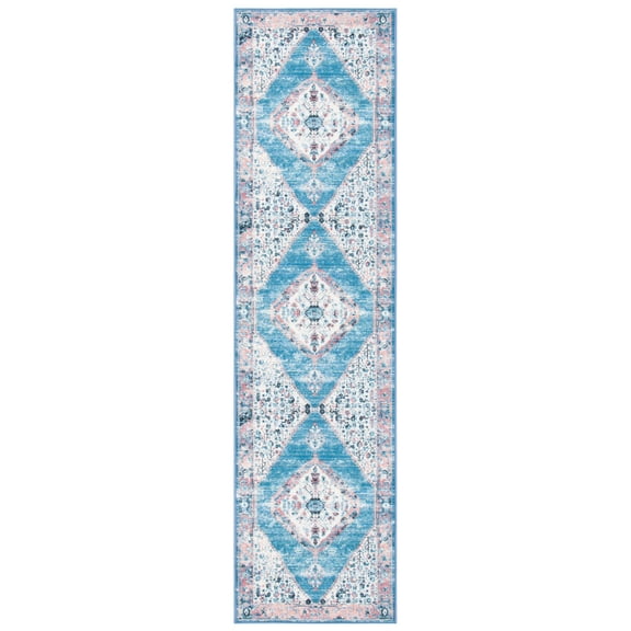 SAFAVIEH Journey Seachlann Oriental Machine Washable Runner Rug, Ivory/Blue, 2'2" x 9'