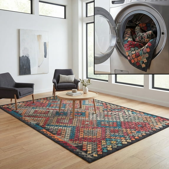 SAFAVIEH Journey Summer Tribal Machine Washable Area Rug, Charcoal/Red, 7'9" x 10'