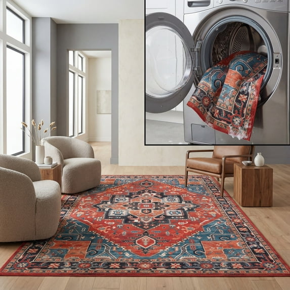 SAFAVIEH Journey Zowie Medallion Area Rug, Rust/Blue Black, 6'7" x 6'7" Square