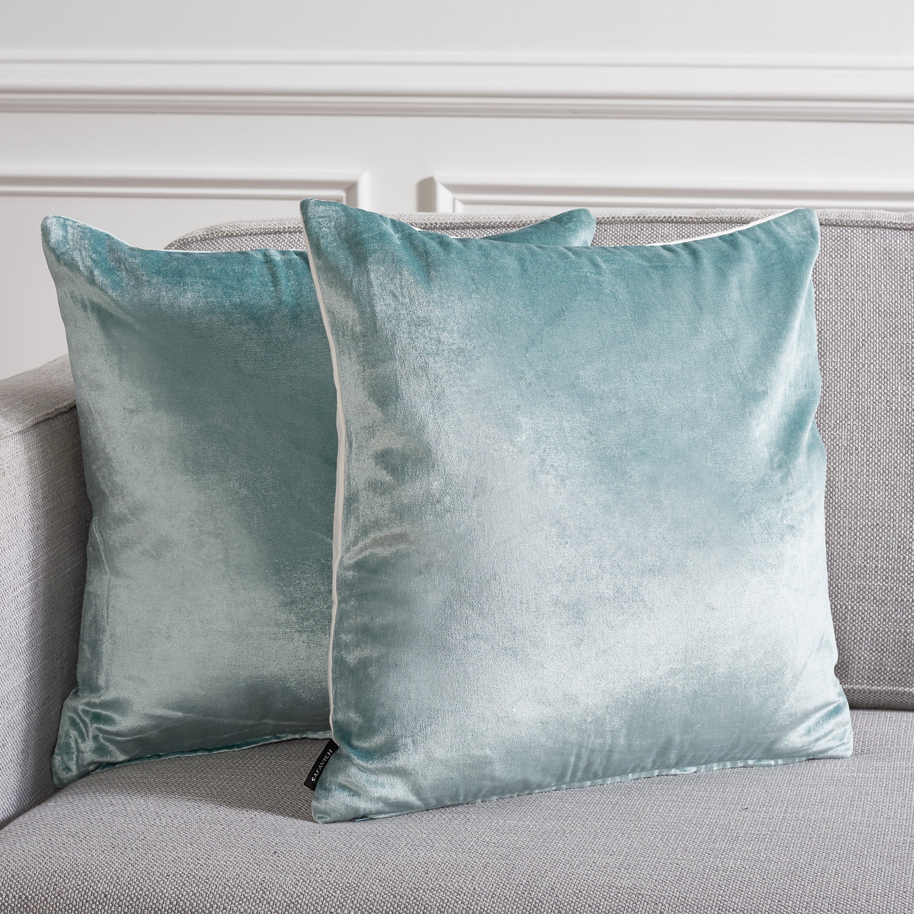 Ivory and Aqua Viscose Cotton Square Pillow Set, 18"