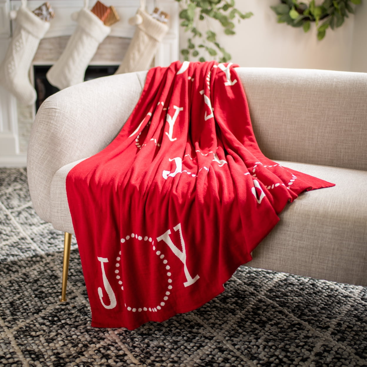 Joy to the World Red & White Cotton Fleece Throw Blanket