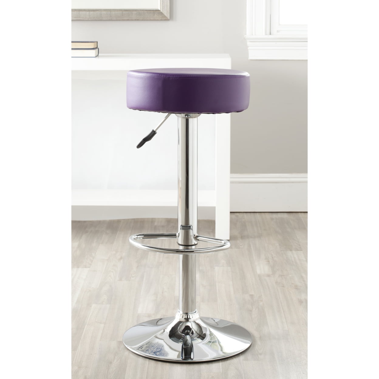 Transitional Chrome and Purple Leather Adjustable Swivel Bar Stool