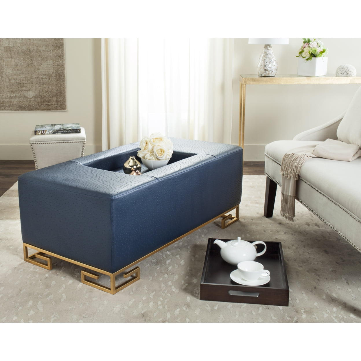 SAFAVIEH Julian Faux Ostrich Tray Ottoman/Coffee Table, Navy/Gold