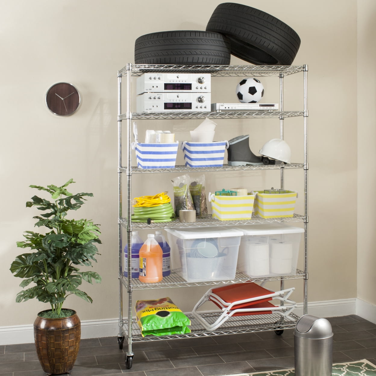 Safavieh Juliet Wheeled 6 Storage Shelf Unit, Chrome, Holds up to 3600 lb