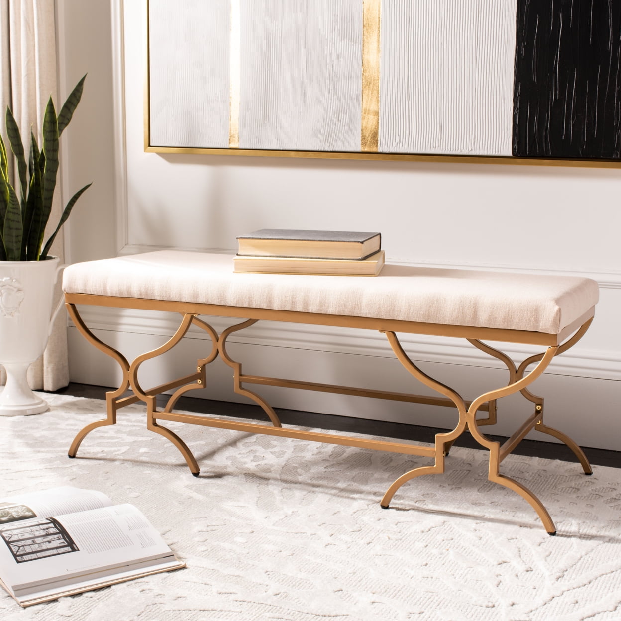 Juliet 46'' Beige Linen and Liquid Gold Rectangular Bench