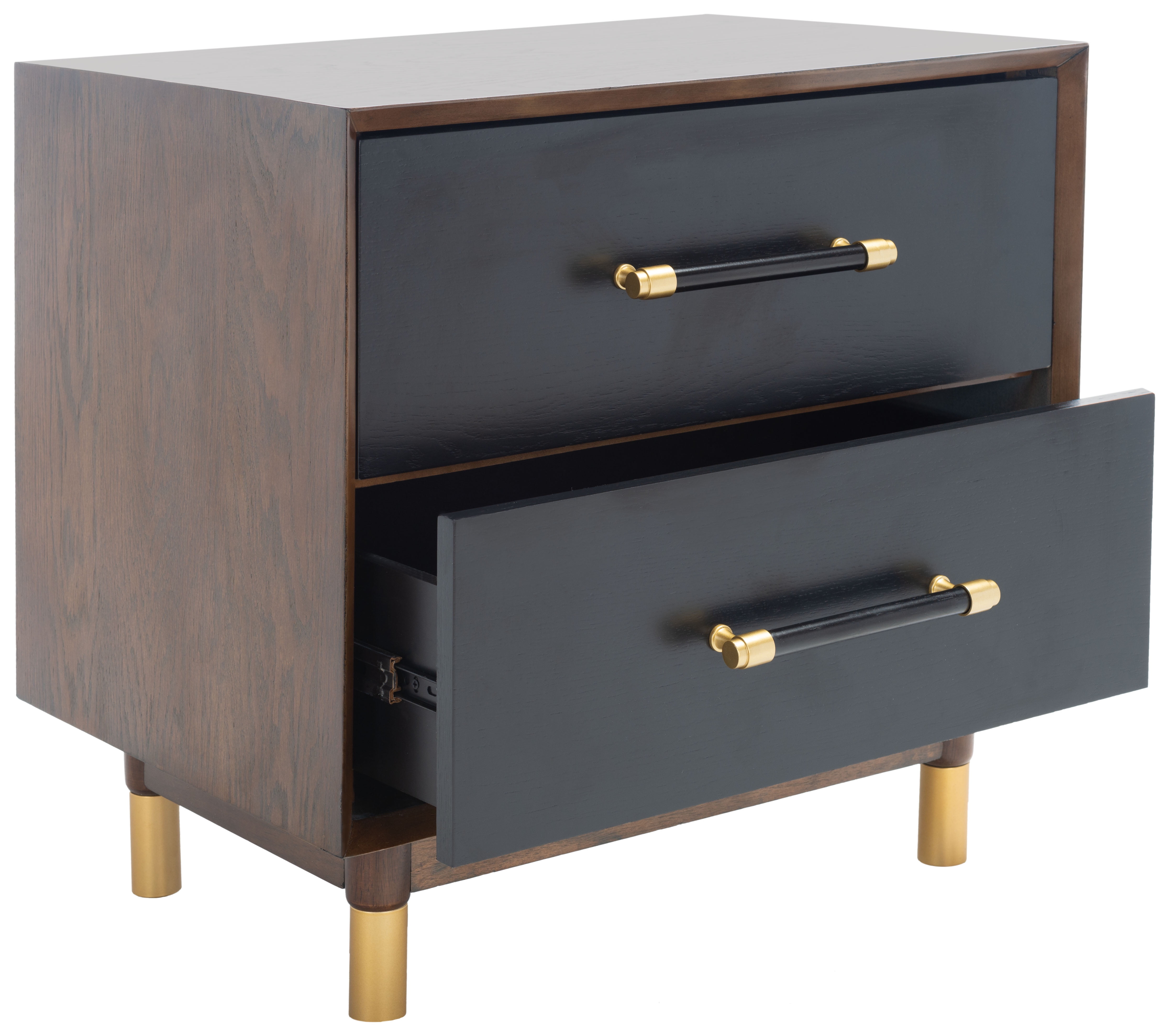 Justice Walnut & Black 2 Drawer Nightstand with Brass Accents