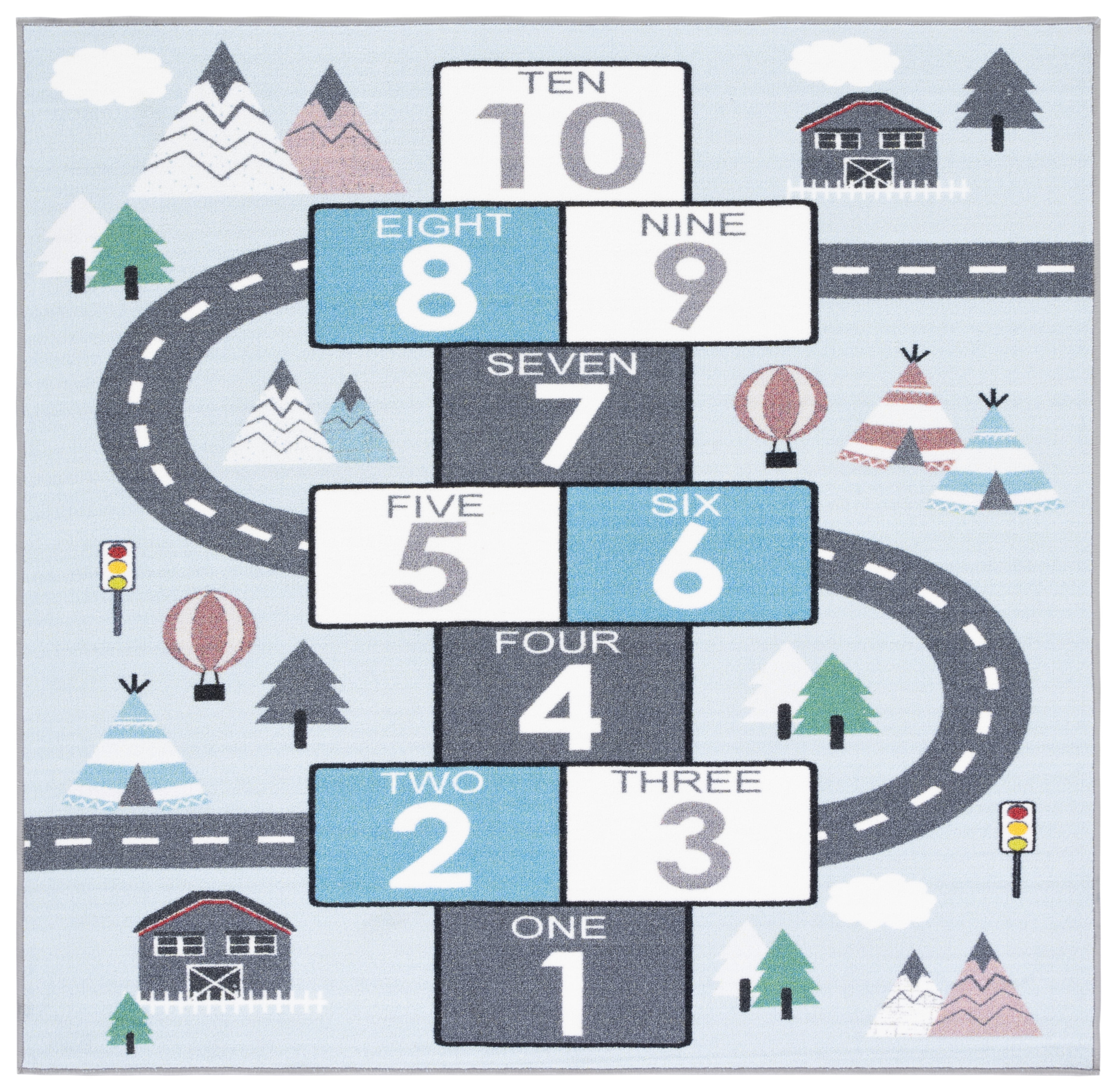 Grey and Blue Kids Playhouse Hopscotch Washable Rug
