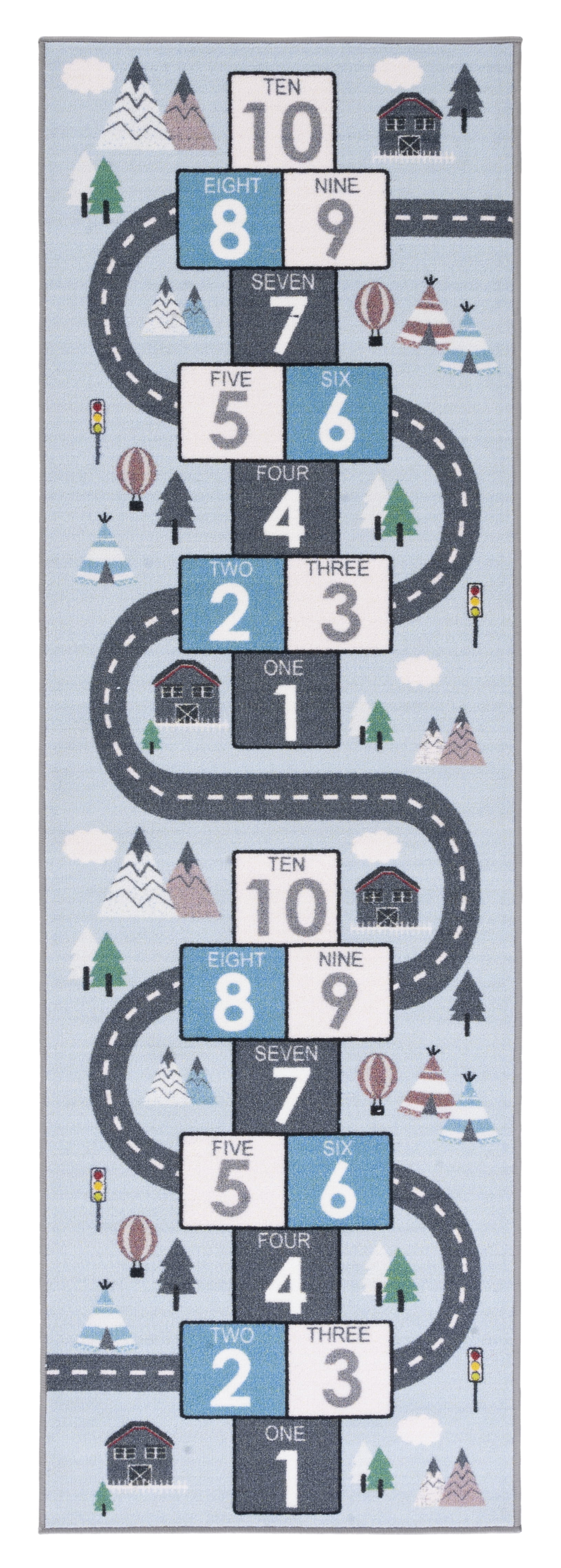 Grey and Blue Kids Playhouse Hopscotch Runner Rug