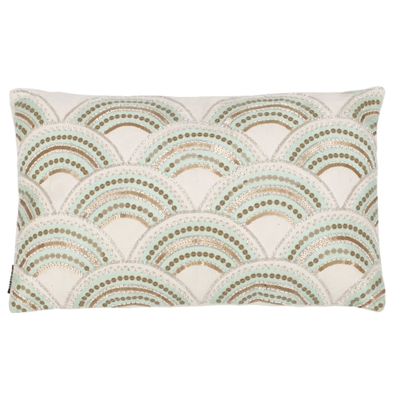 SAFAVIEH Kadri Rainbow Textured Plush Pillow, 12" x 20", Beige/Teal/Gold