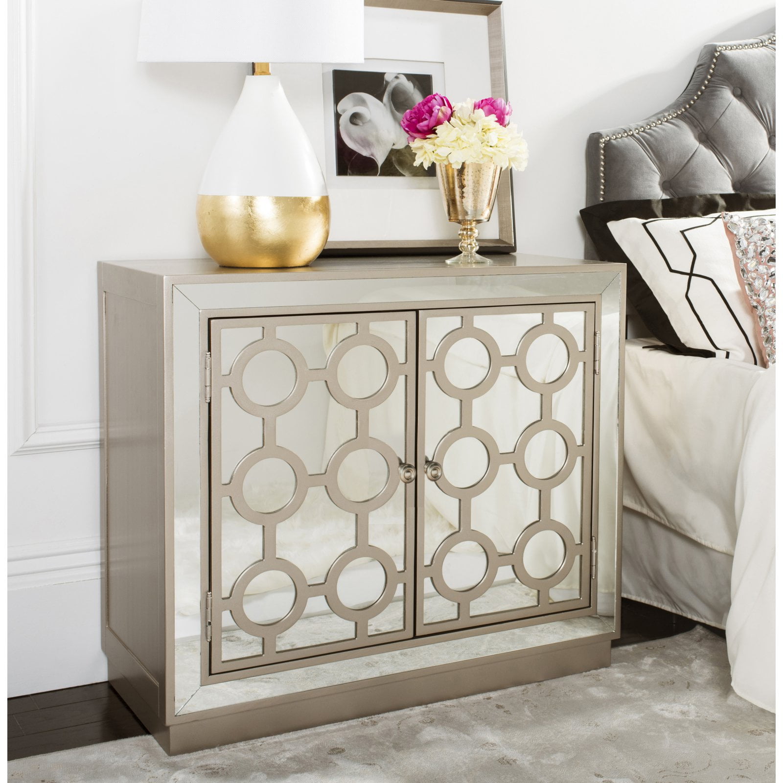 Gray Mirrored Glam Art Deco Accent Cabinet