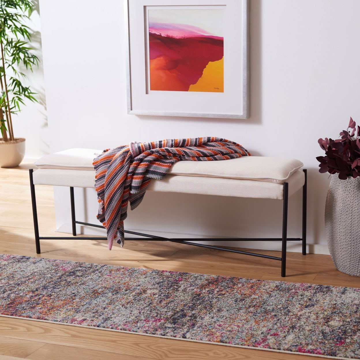 Light Beige Cushioned X Bench with Sleek Black Frame
